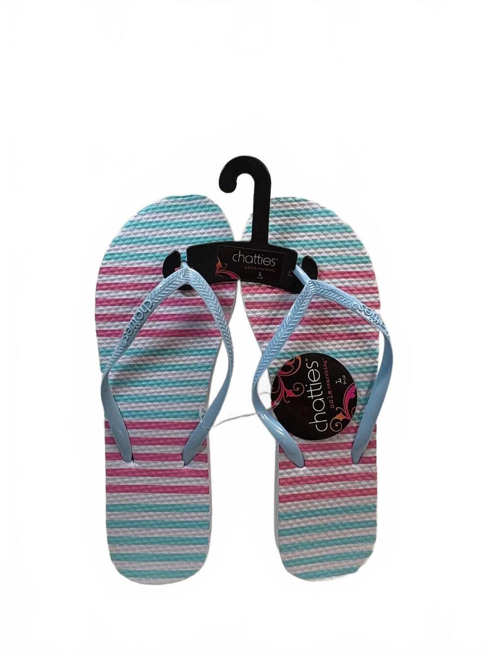Chatties Women’s Flip Flops Size Large 9-10 Pink Aqua Striped New with Tags